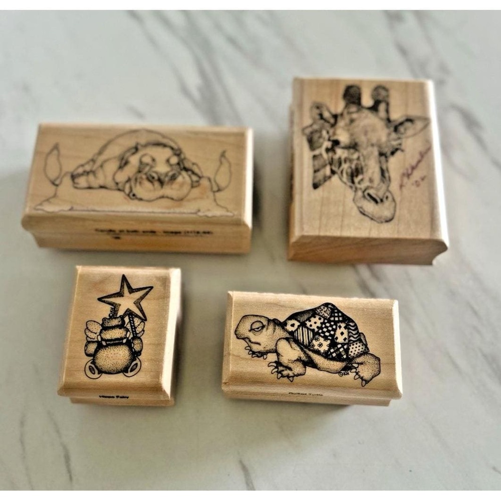 Lot of 4 Stamps Stamping Mostly Animals Brand Giraffe Hippo Turtle Crafts EEE-A